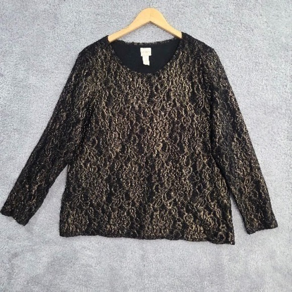 Chico's Tops - Chico's Pullover Top Womens Large Gold Metallic Floral Lace Sheer Sleeve Festive